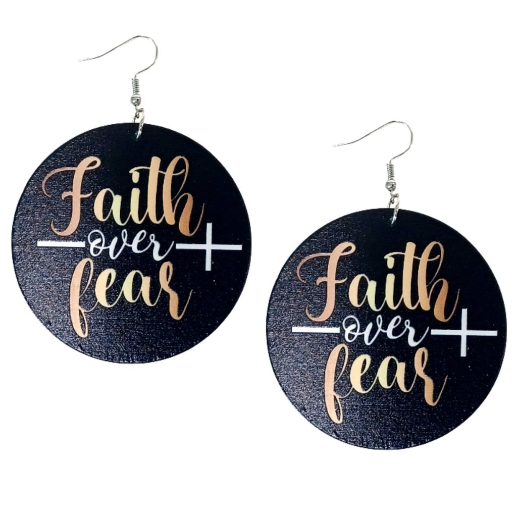 Faith Over Fear In Gold Black White Medium Statement Dangle Wood Earrings
